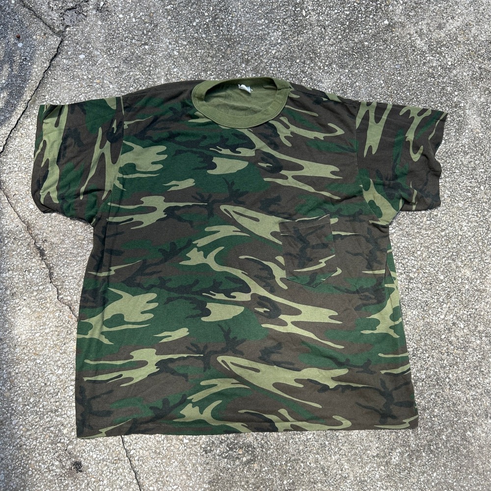 Vintage Camo Pocket T-Shirt Single Stitch Woodland Camouflage Mens XL